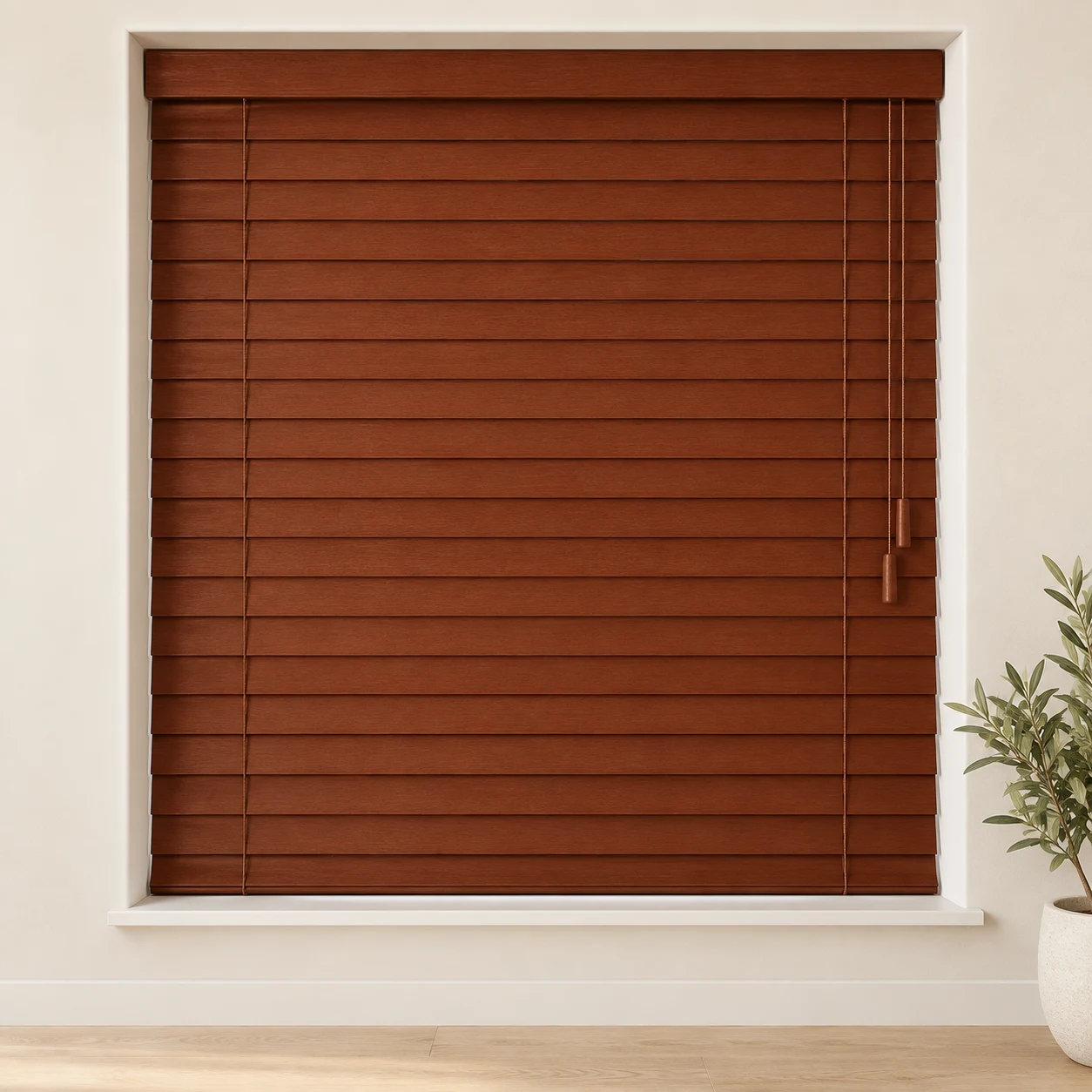 Cherry shown as a full blind in a neutral room