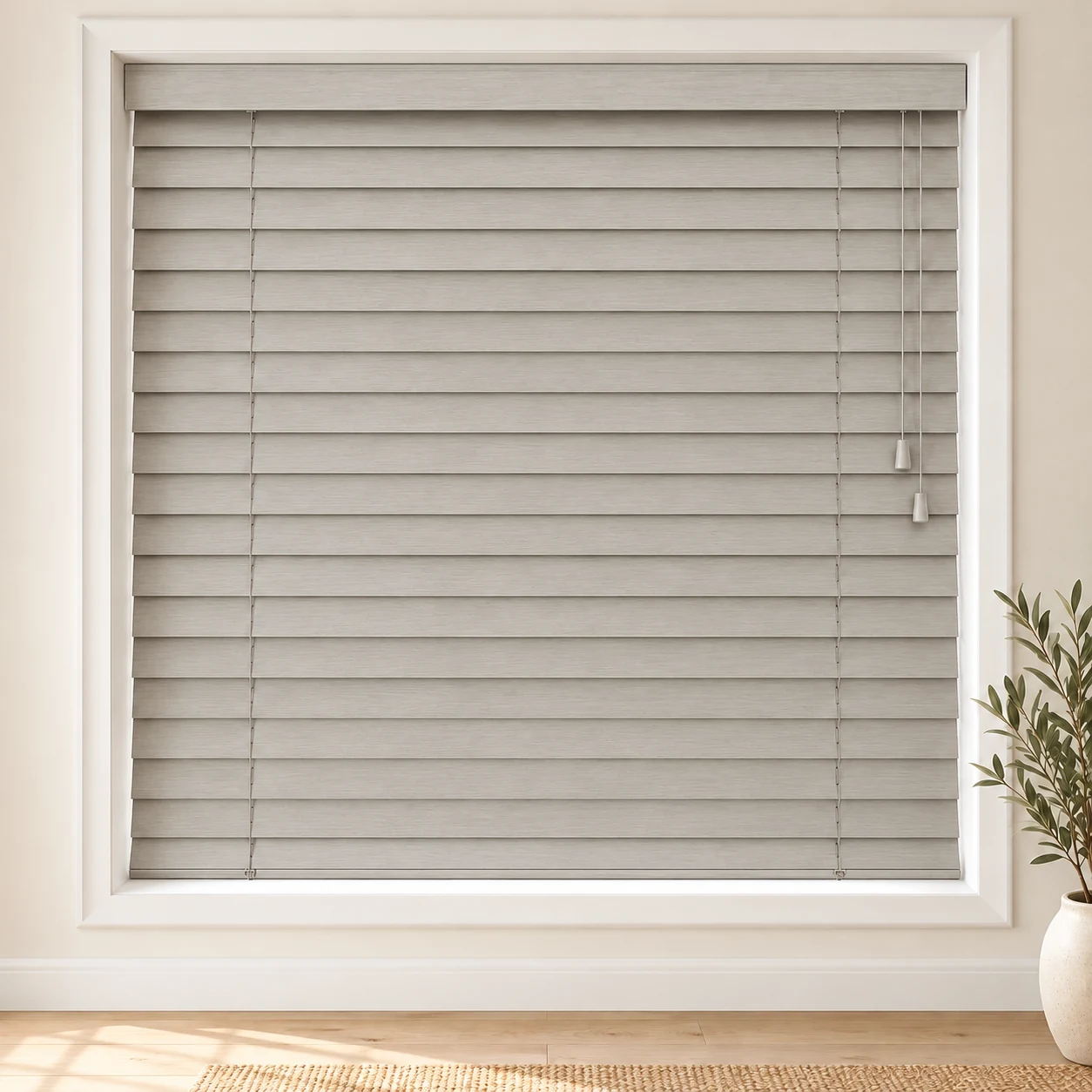 Limestone shown as a full blind in a neutral room