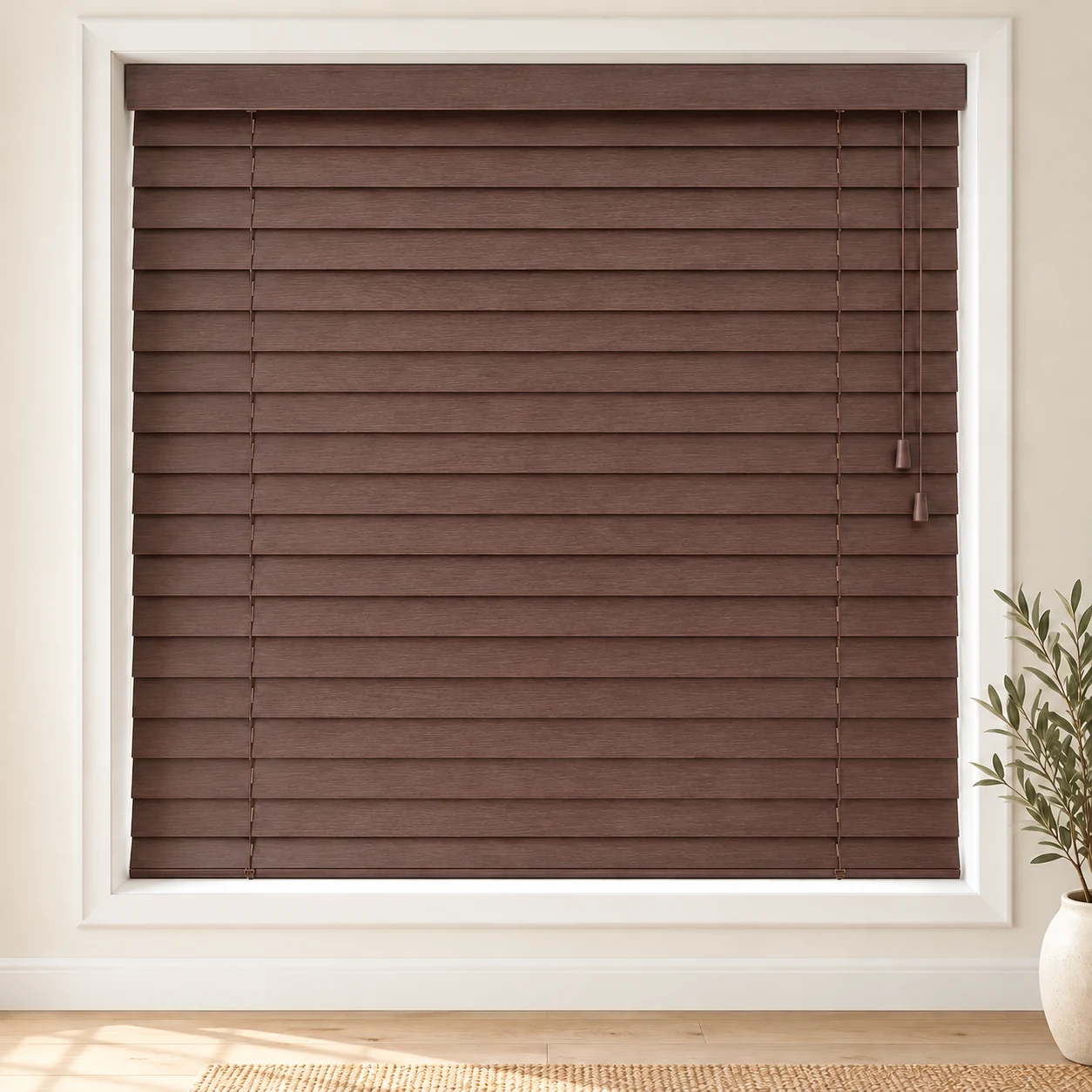 Mahogany shown as a full blind in a neutral room