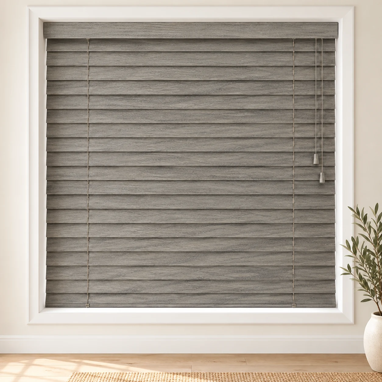 Printed Grey shown as a full blind in a neutral room