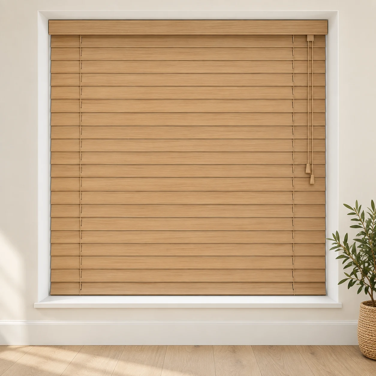 Printed Nutmeg shown as a full blind in a neutral room