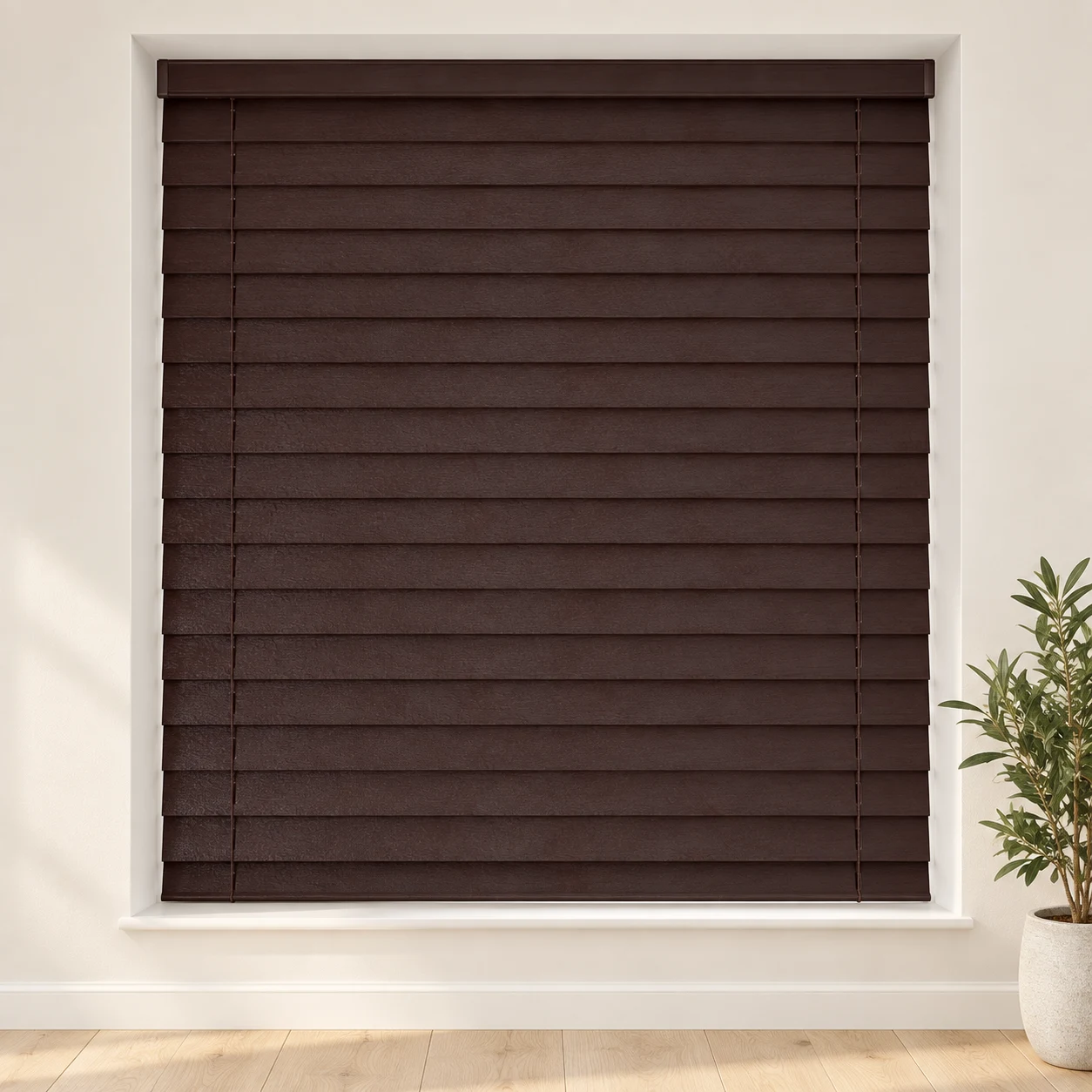 Dark Mahogany shown as a full blind in a neutral room