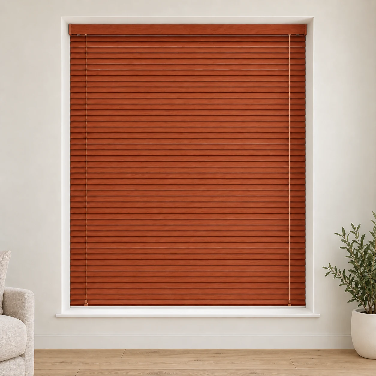 Aluwood Cherry shown as a full blind in a neutral room