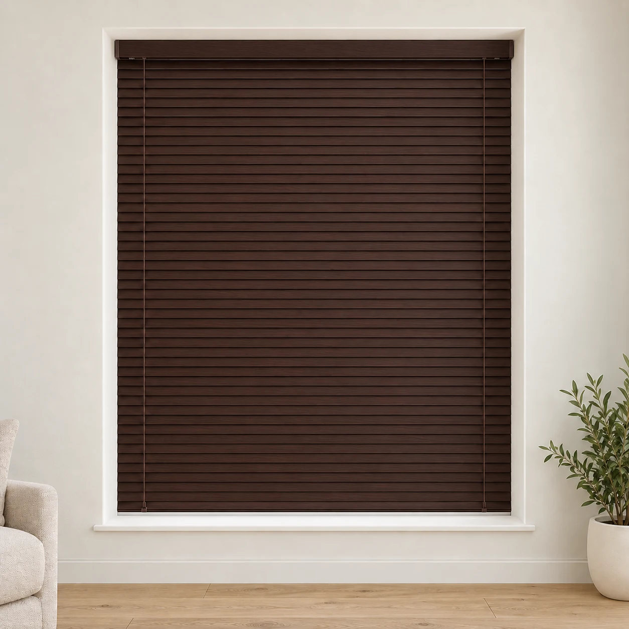 Aluwood Mahogany shown as a full blind in a neutral room