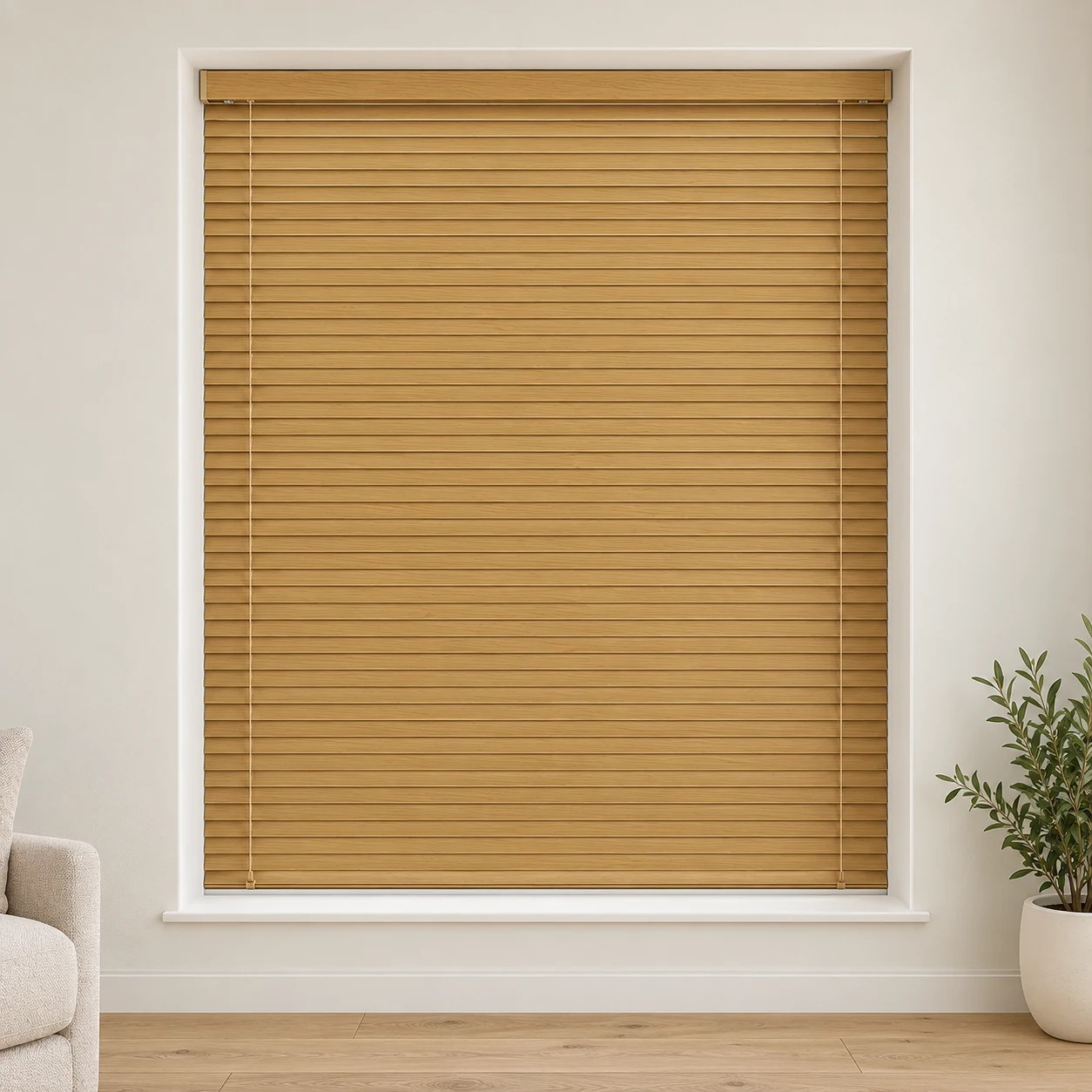 Aluwood Natural shown as a full blind in a neutral room