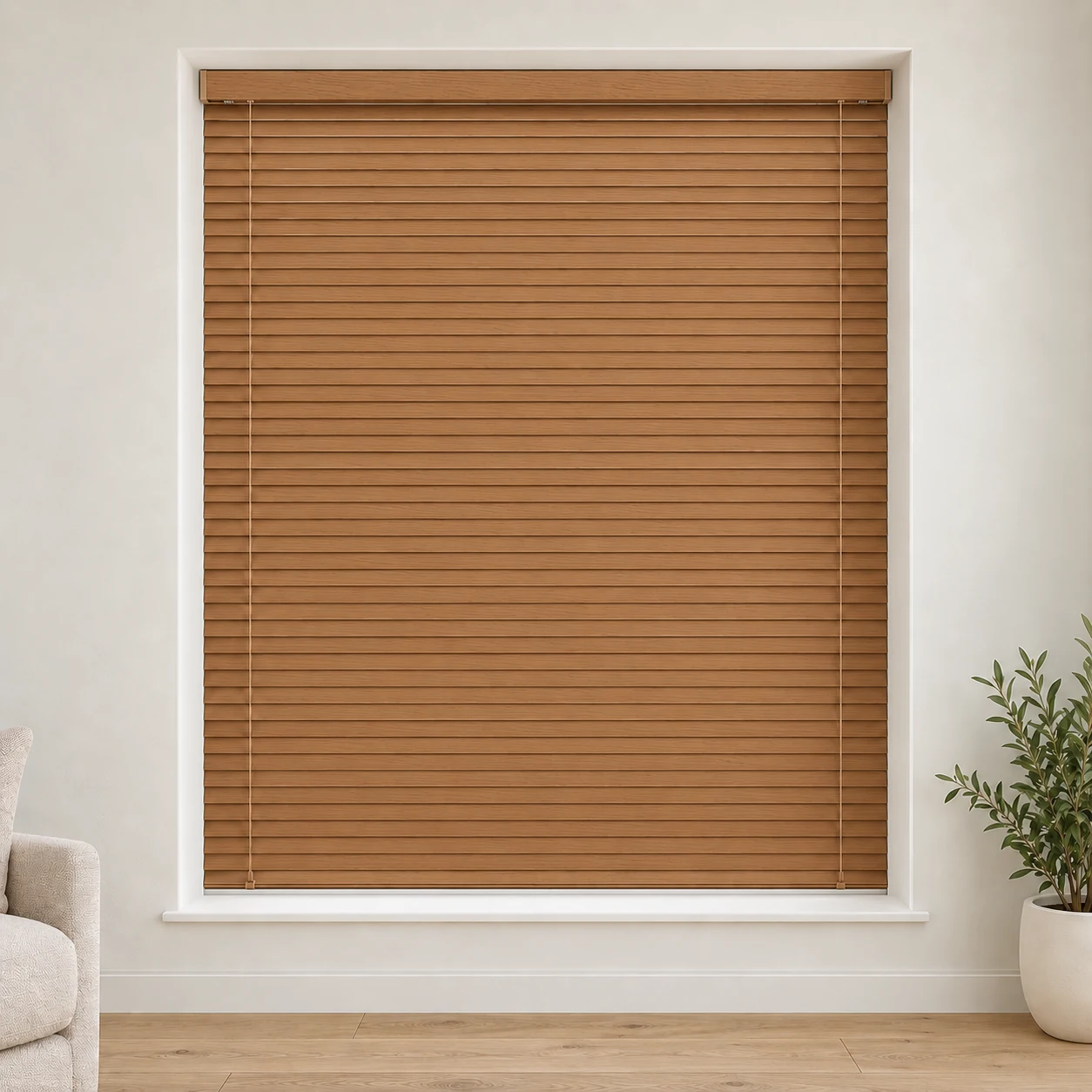 Aluwood Oak shown as a full blind in a neutral room