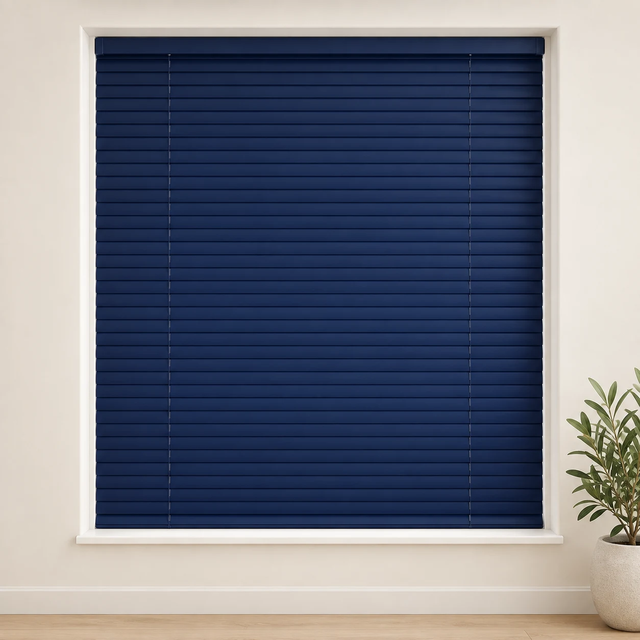Navy Blue shown as a full blind in a neutral room