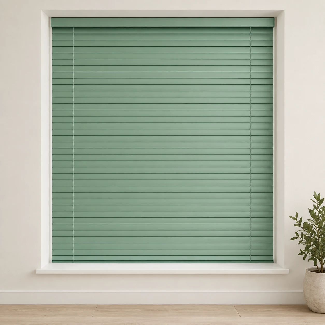 Pearl Green shown as a full blind in a neutral room