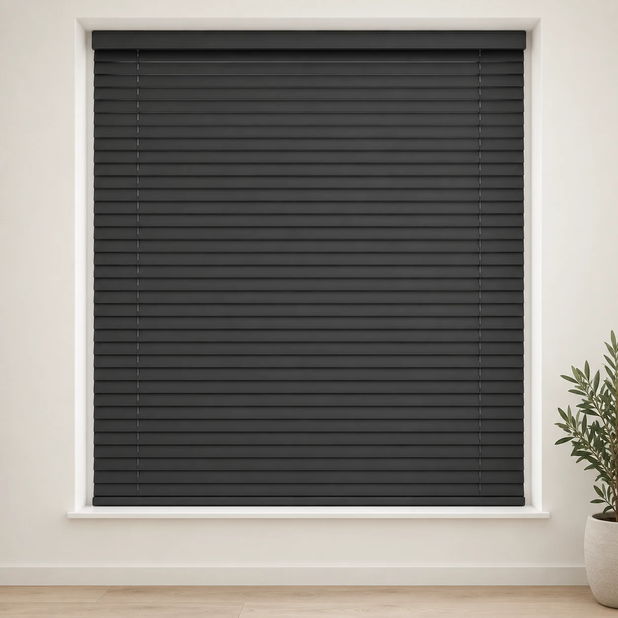 Satin Onyx shown as a full blind in a neutral room