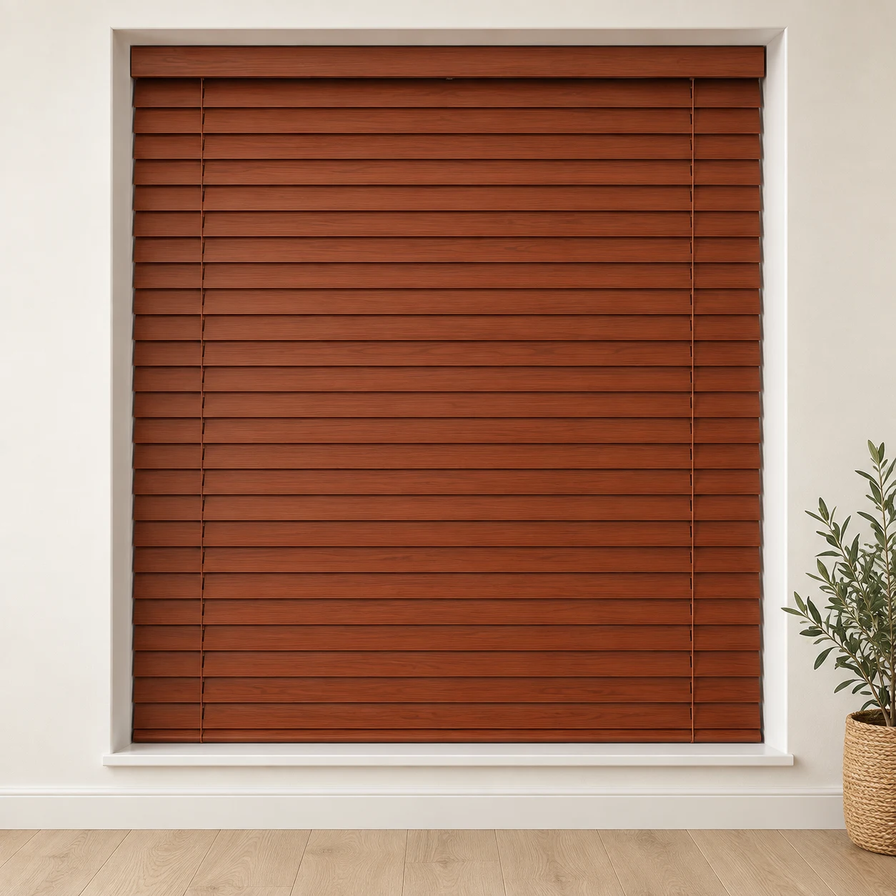 Aluwood Cherry shown as a full blind in a neutral room