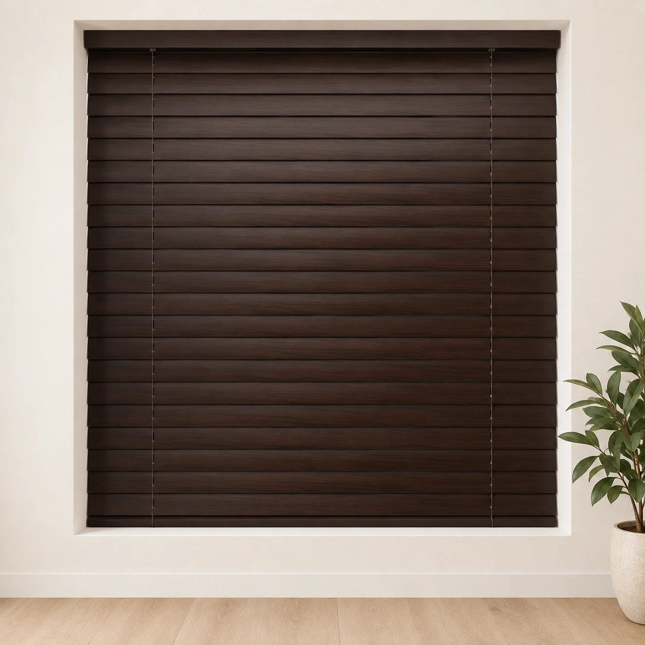 Aluwood Mahogany shown as a full blind in a neutral room
