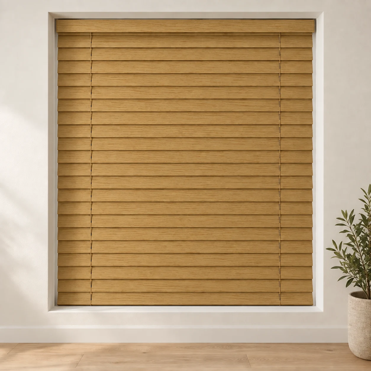 Aluwood Natural shown as a full blind in a neutral room