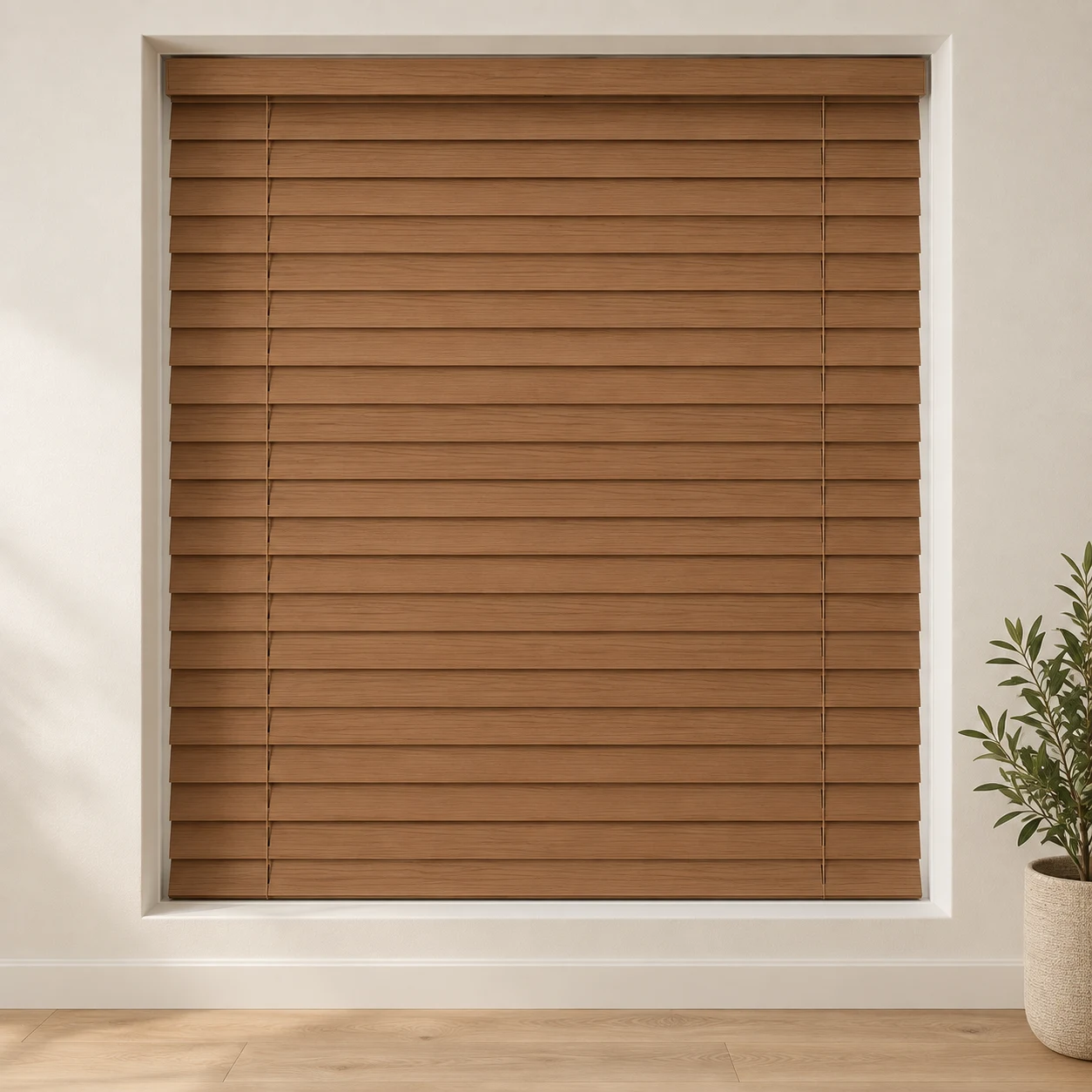 Aluwood Oak shown as a full blind in a neutral room