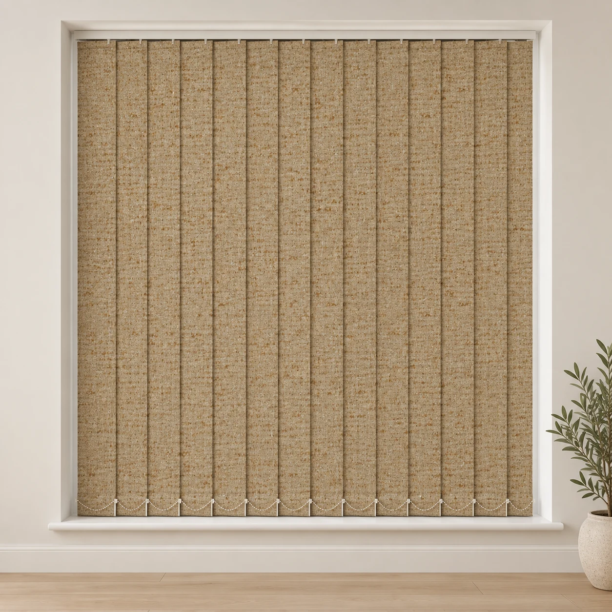 Prestige Beige shown as a full blind in a neutral room