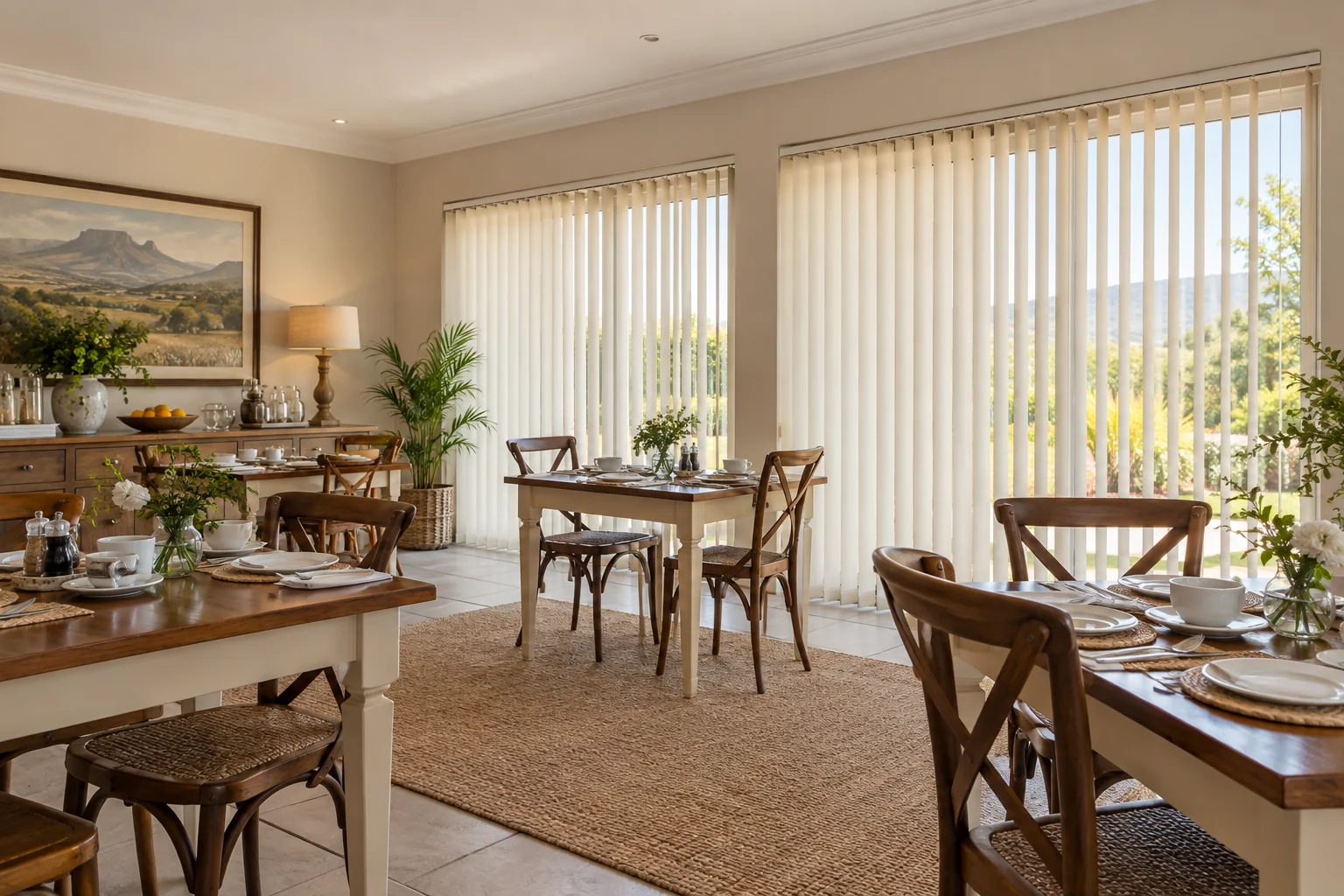 Breakfast room: guesthouse breakfast dining room, several laid tables, cream vertical blinds