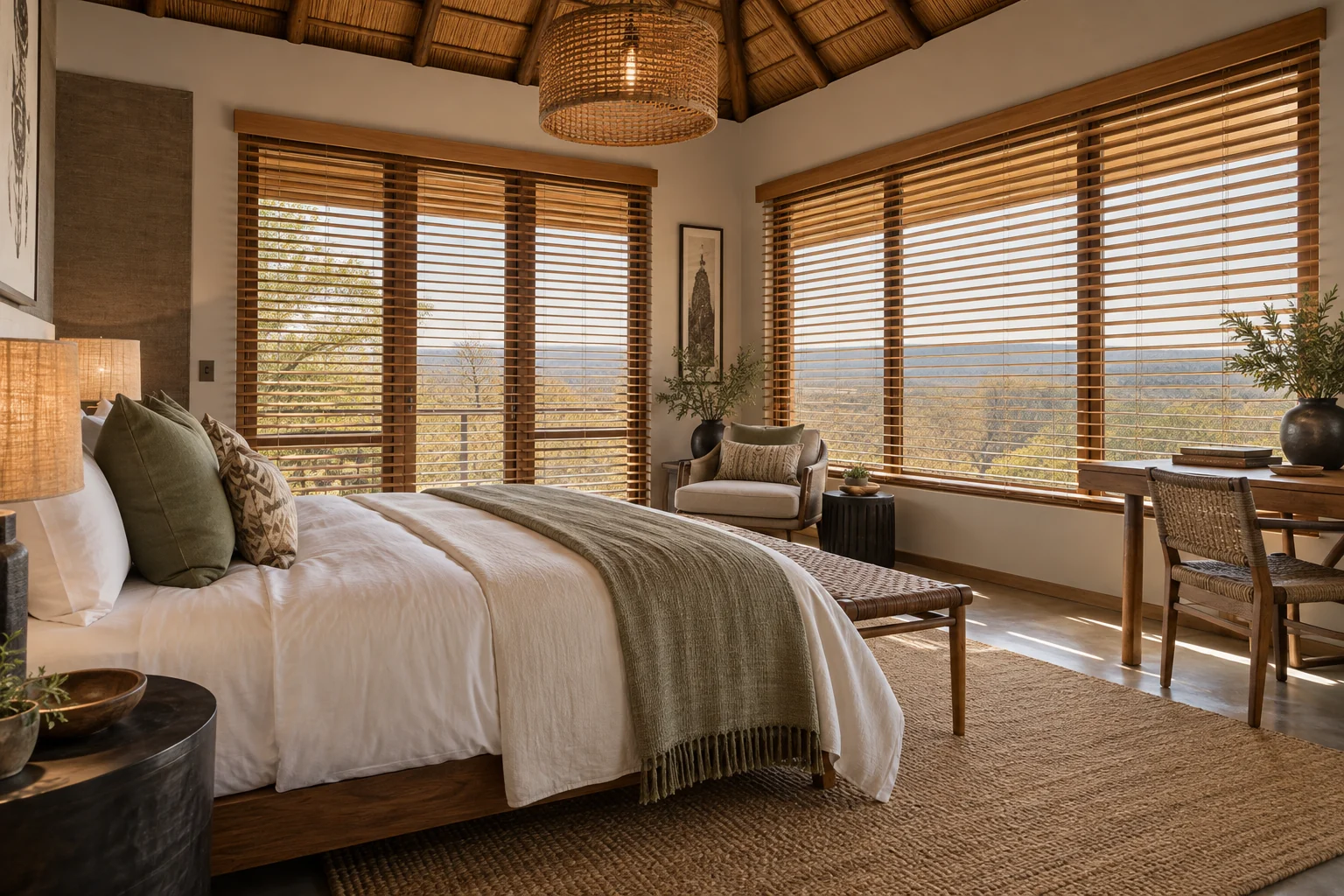 Lodge bedroom: safari-inspired lodge guest bedroom, natural timber textures, honey basswood Venetian blinds, no animals