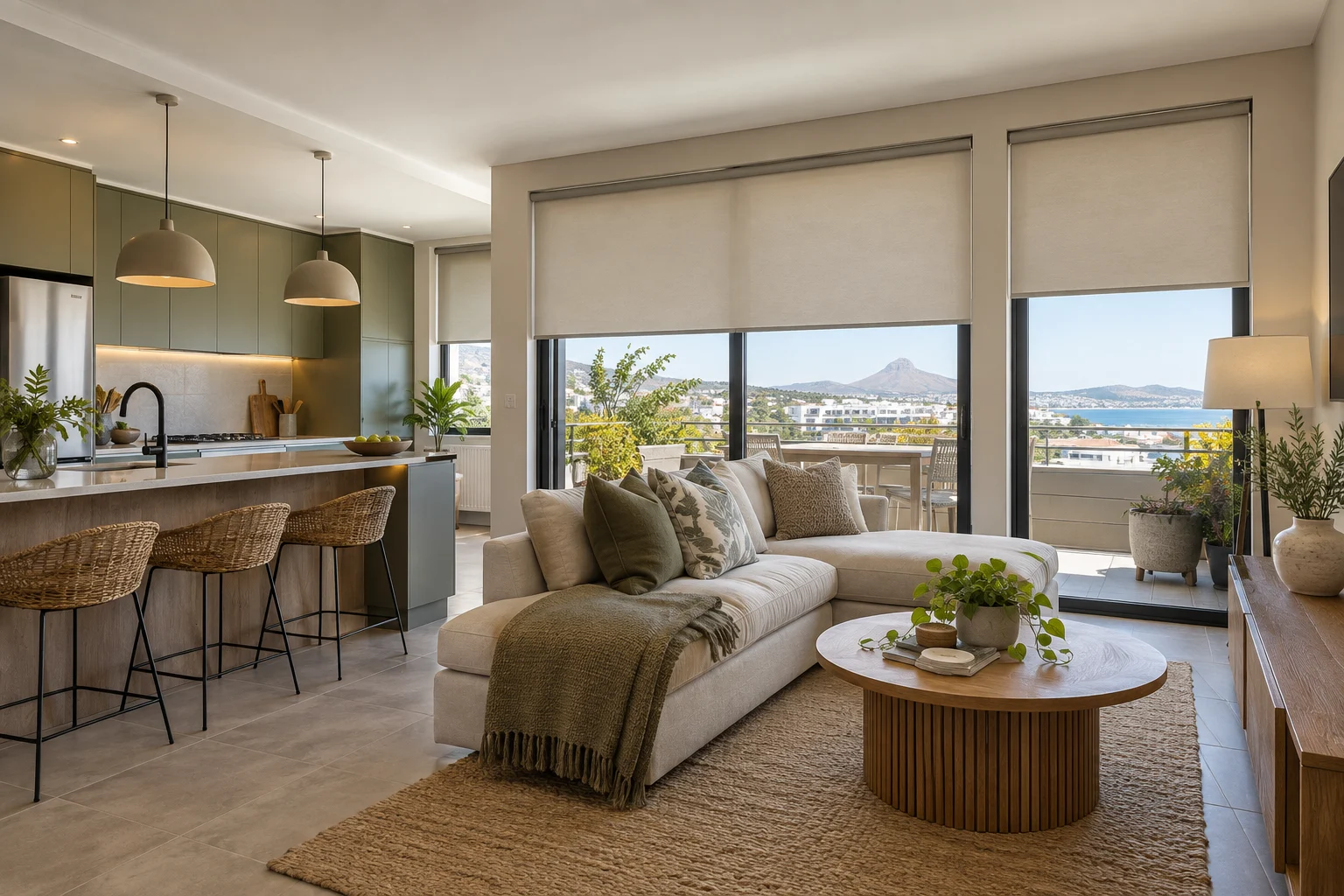 Self-catering apartment: self-catering guest apartment open-plan kitchen and lounge, oatmeal roller blinds
