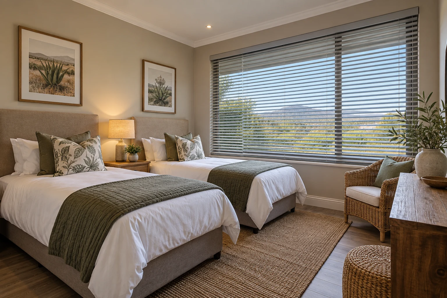 Twin guest room: comfortable boutique twin guest room, two separate beds, light grey aluminium Venetian blinds