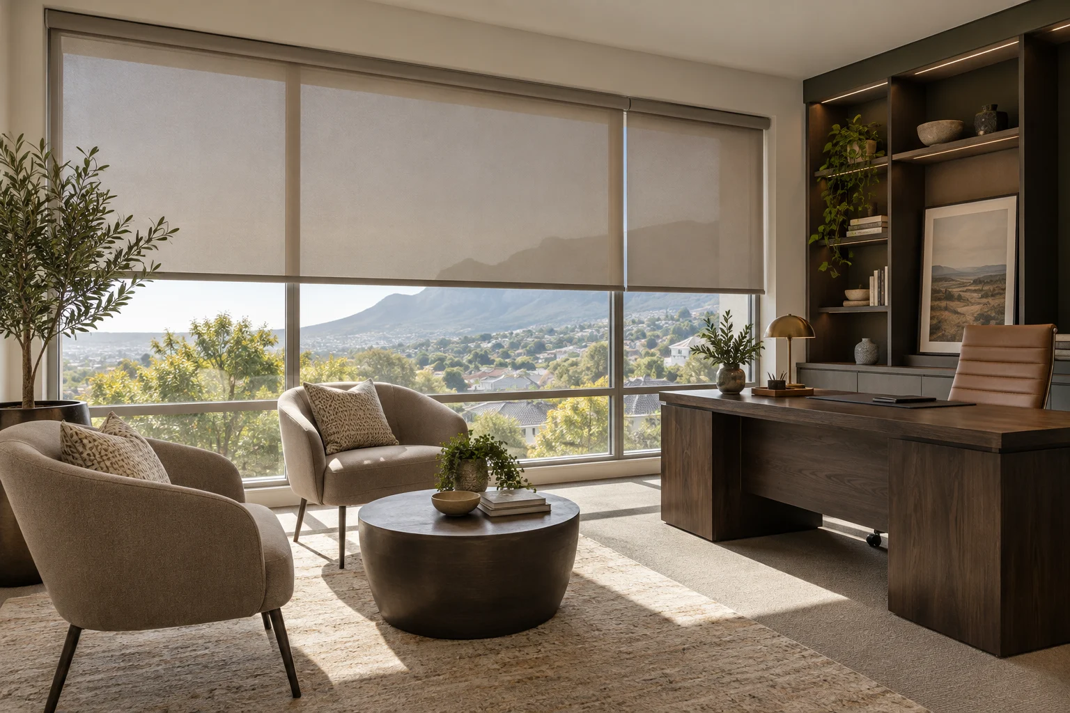 Consulting office: calm consulting office with two lounge chairs, muted taupe roller blinds and dark timber desk