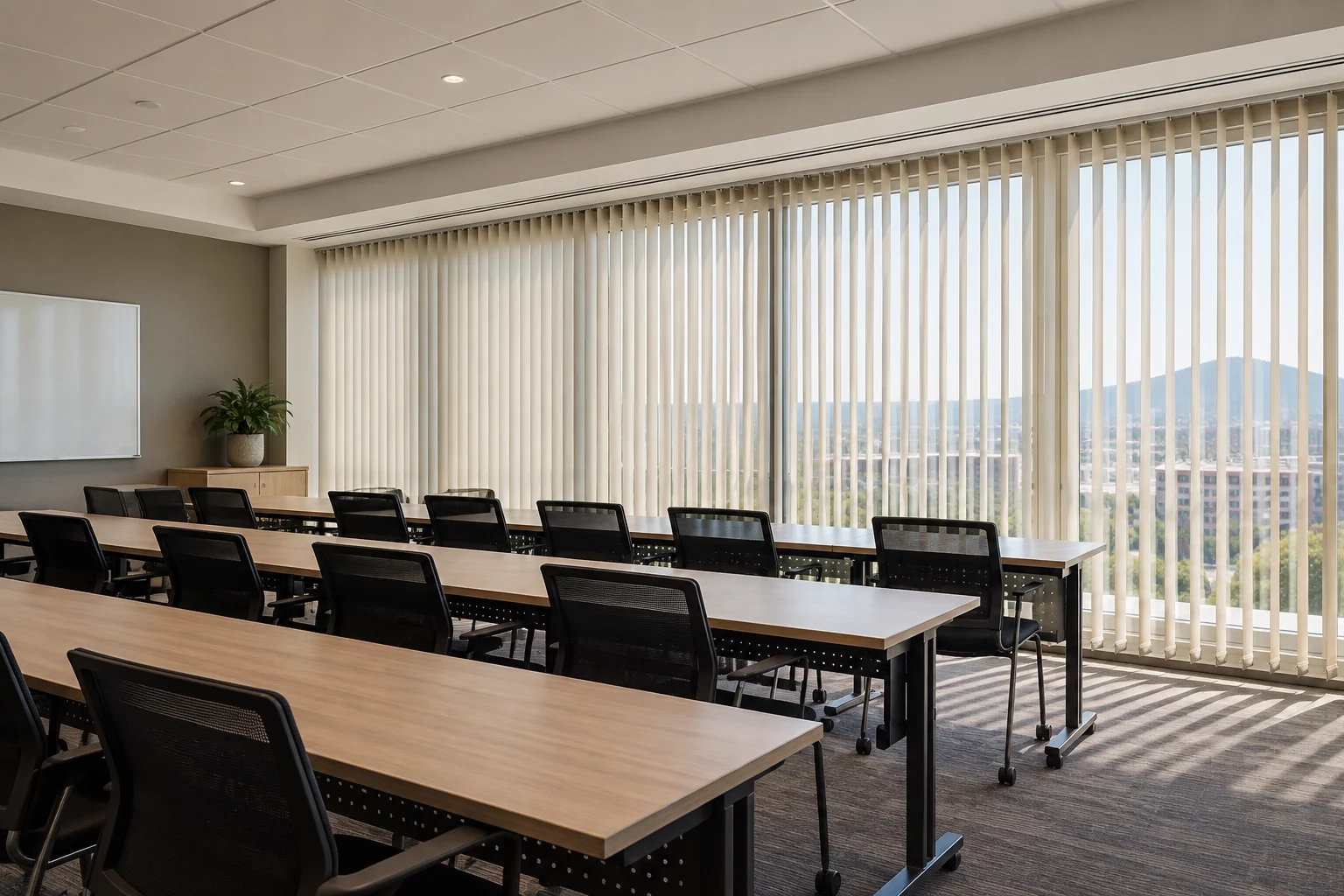 Training room: corporate training room with rows of desks, ivory vertical blinds across wide windows