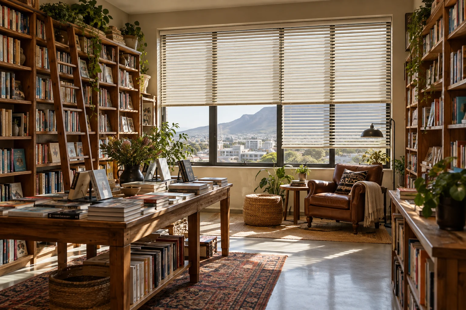 Bookshop: cosy independent bookshop with long shelves, cream aluminium Venetian blinds, reading nook