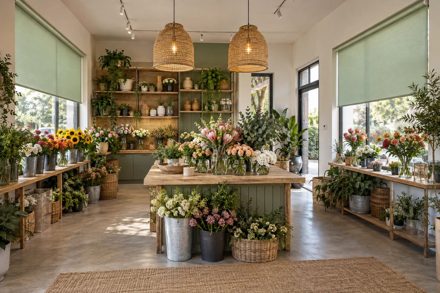 Florist: fresh florist shop with colourful flower displays, pale green fabric roller blinds on side windows