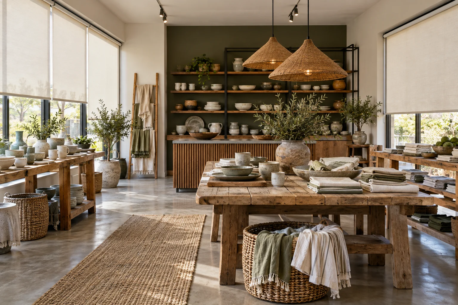 Homeware store: independent homeware store, ceramics and linen displays, off-white roller blinds on glazed side windows