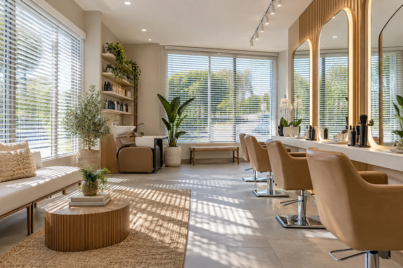 Salon: bright hair salon with mirrors and styling chairs, white Ecowood Venetian blinds at front side windows