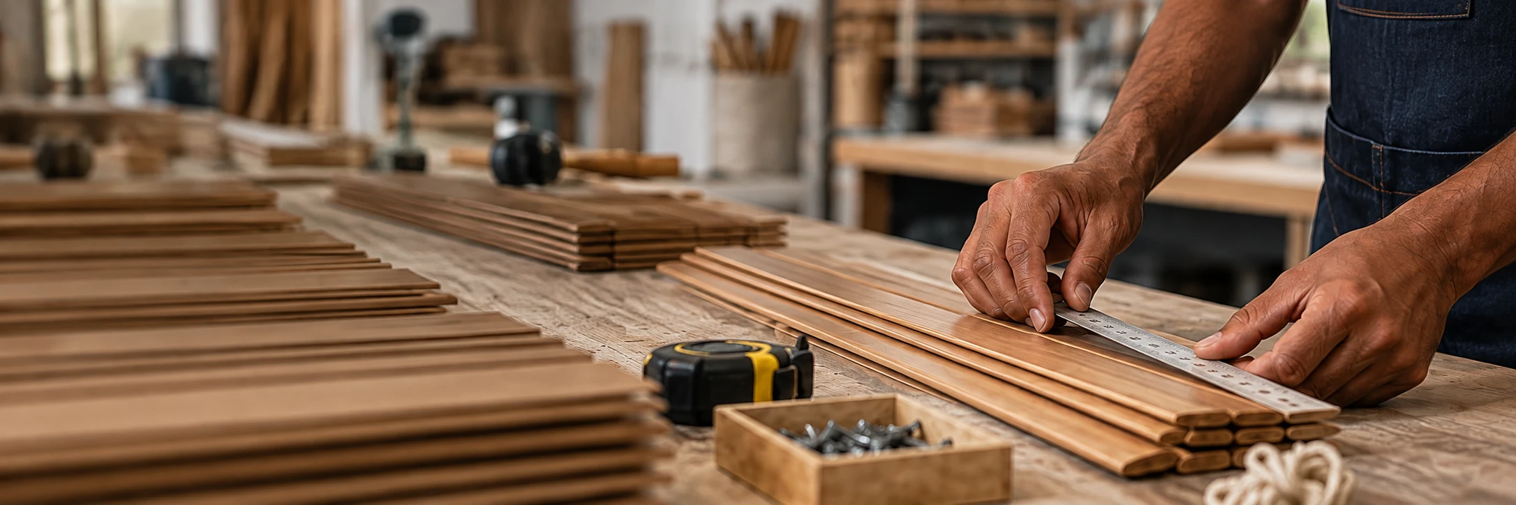 Preparing wooden blind slats in a workshop