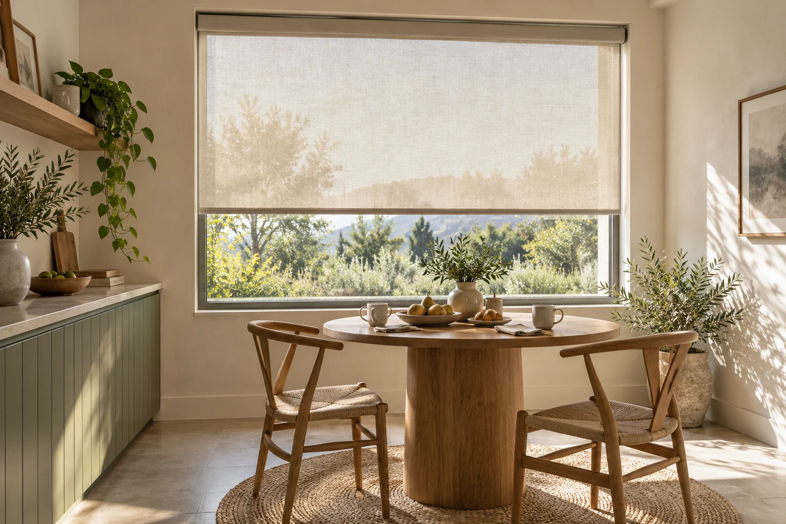 Morning daylight filtered by an oatmeal roller blind in a breakfast nook