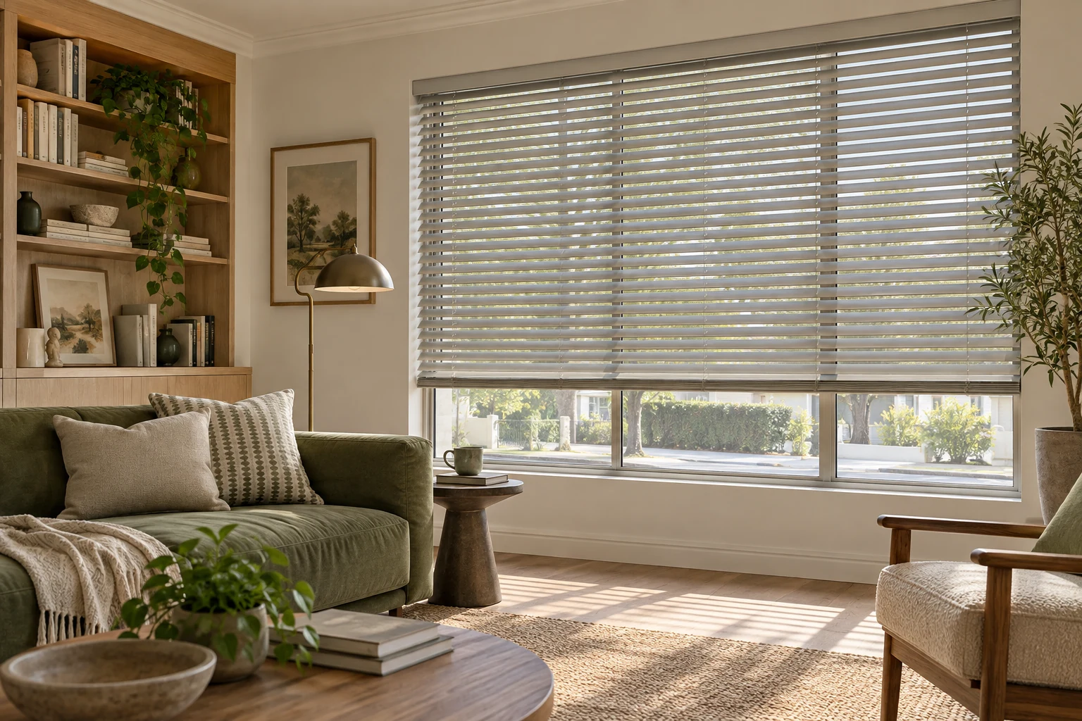 Venetian blinds providing privacy in a street-facing reading room